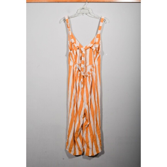 Cali 1850 Linen Blend Mustard Yellow Stripe Open Back Wide Leg Jumpsuit Sz XL - Picture 2 of 3